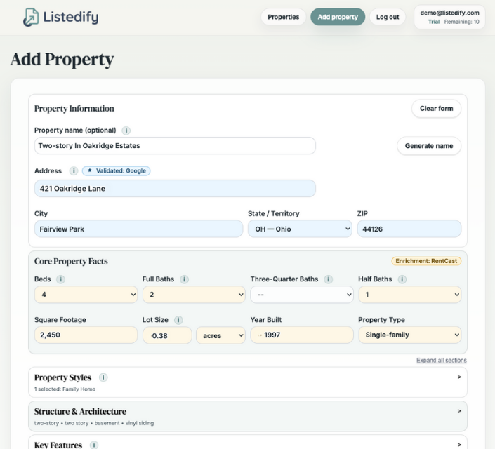 Listedify Add Property screen